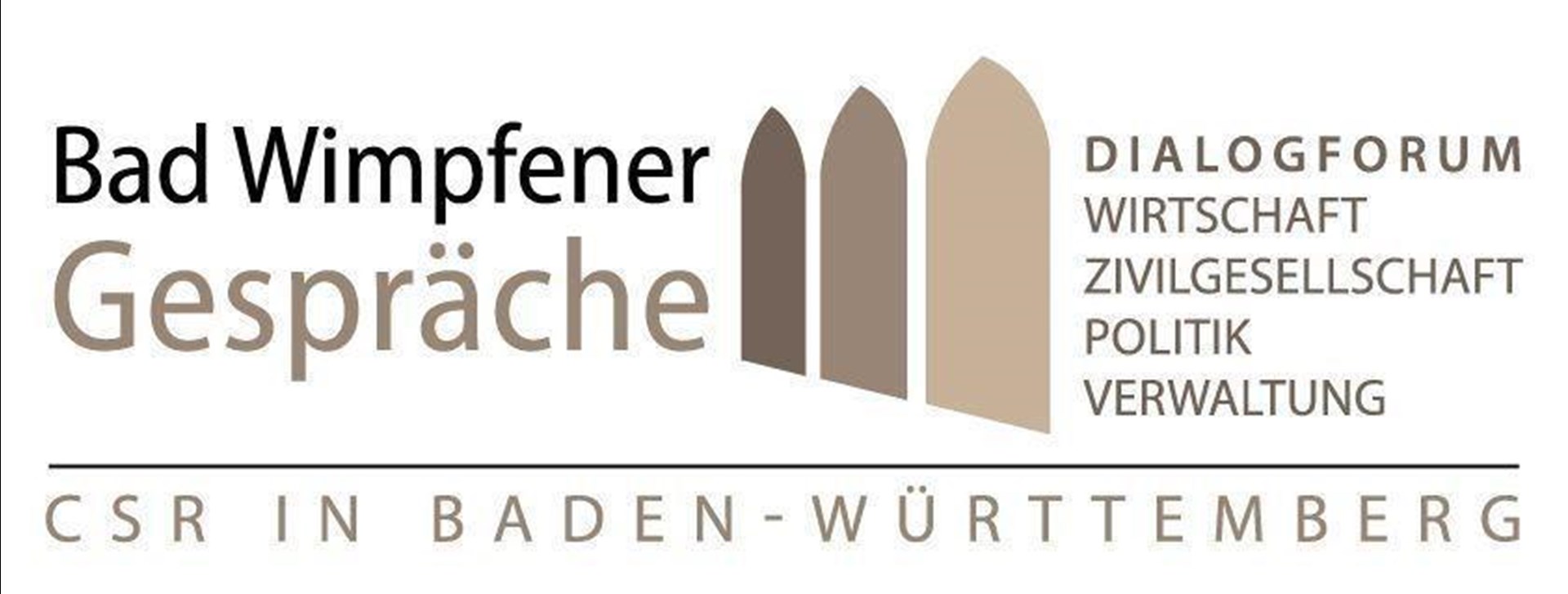 Logo der Bad Wimpfener Gespräche mit den Texten "Dialogforum Wirtschaft Zivilgesellschaft Politik Verwaltung" und "CSR in Baden-Württemberg".